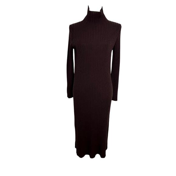 Eileen Fisher brown fine merino wool mock turtleneck lg sleeve sweater dress  XS